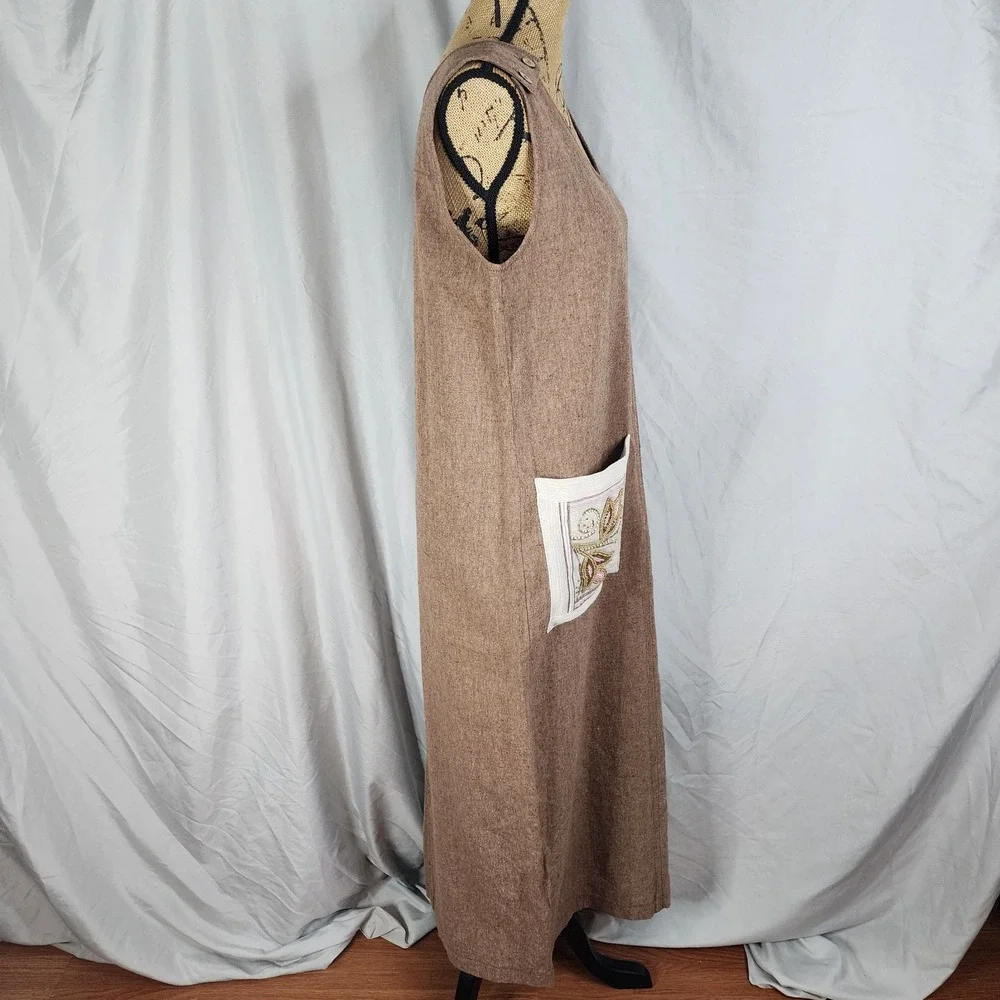 Vintage STUDIO BLUE Size Medium Beaded Embroidered Linen Cotton Sleeveless‎ Maxi